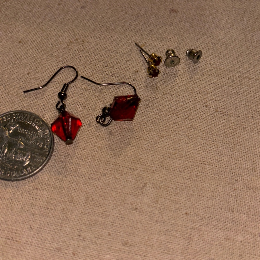 Red vintage pierced earrings ruby colored costume jewelry one dangle one stud